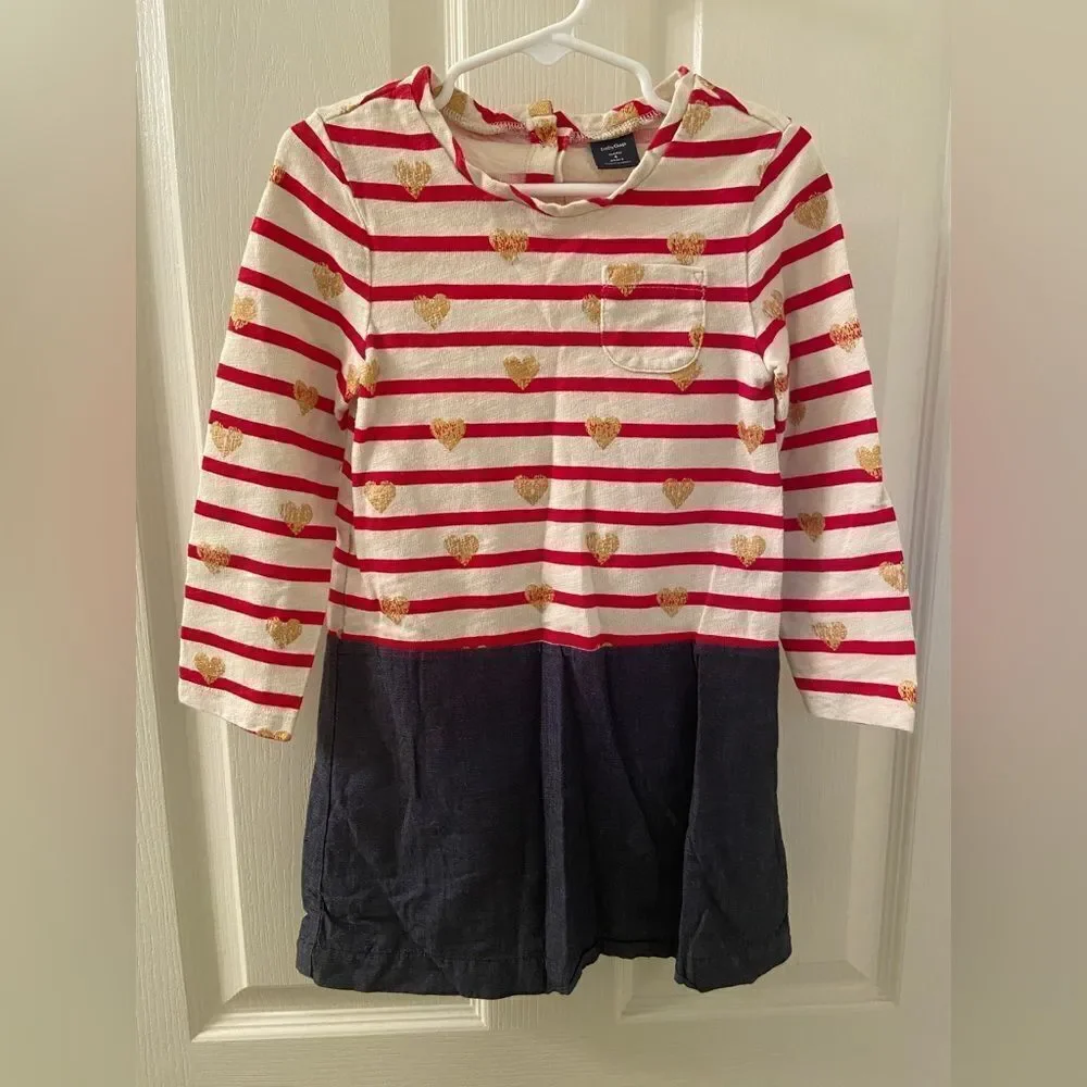 Baby Gap Long Sleeve Dress Red Striped Gold Hearts Chambray Skirt Girls Size 4T